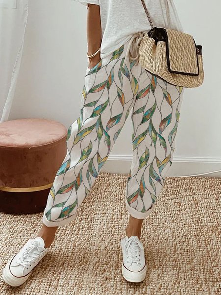 

Casual Geometria Print Soild Drawstring Straight Pant, White, Pants
