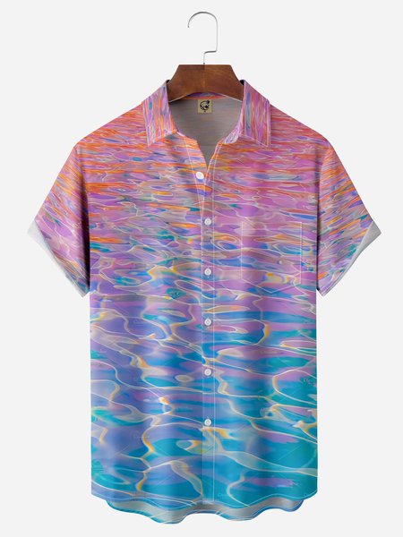 

Geometric Ripple Chest Pocket Short Sleeves Casual Shirt, Red-blue, Men Shirts