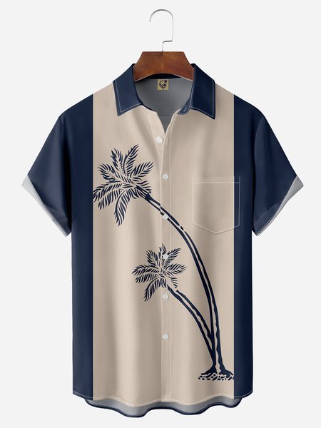 

Coconut Tree Chest Pocket Short Sleeve Bowling Shirt, Blue, Men Shirts