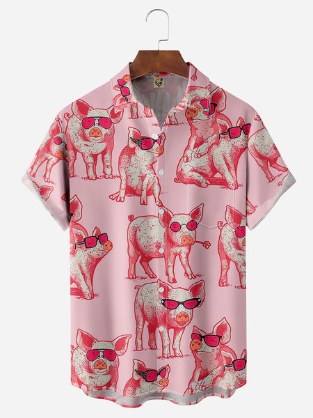 

Funky Pig Chest Pocket Short Sleeve Casual Shirt, Pink, Men Shirts