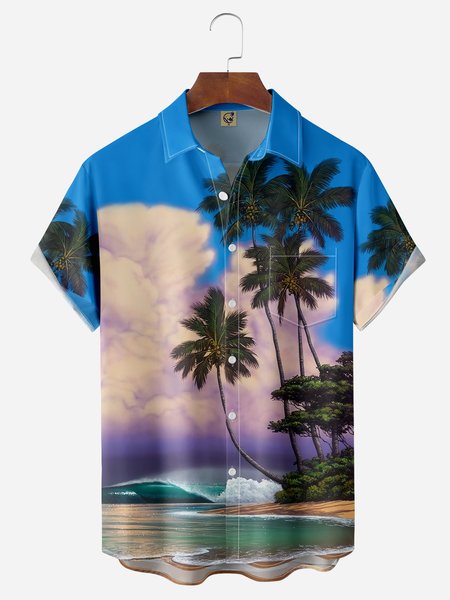 

Coconut Tree Chest Pocket Short Sleeve Hawaiian Shirt, Blue, Men Shirts