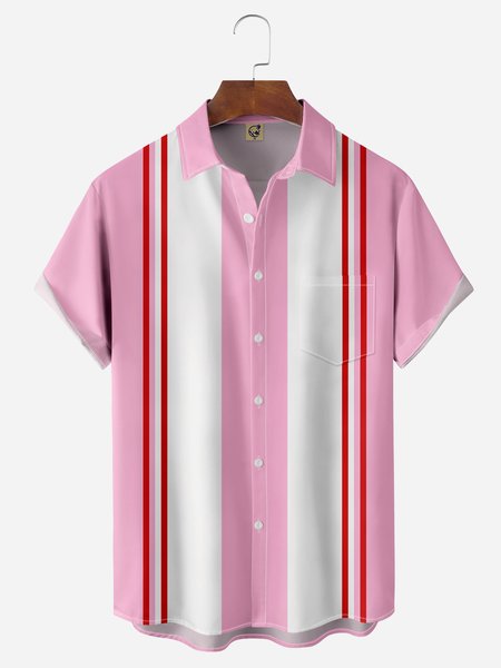 

Geometric Stripe Chest Pocket Short Sleeve Bowling Shirt, Pink, Men Shirts