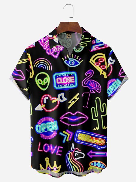 

Geometric Flamingo Chest Pocket Short Sleeves Hawaiian Shirt, Black, Men Shirts