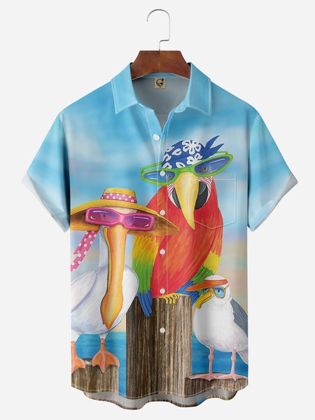 

Parrots Chest Pocket Short Sleeve Hawaiian Shirt, Blue, Men Shirts