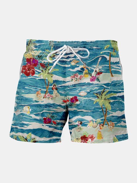 

Coconut Tree Drawstring Beach Shorts, Blue, Men's shorts
