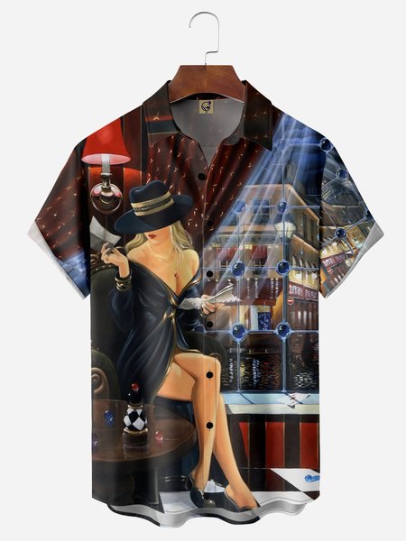 

Hotel Girl Chest Pocket Short Sleeve Hawaiian Shirt, Black, Men Shirts