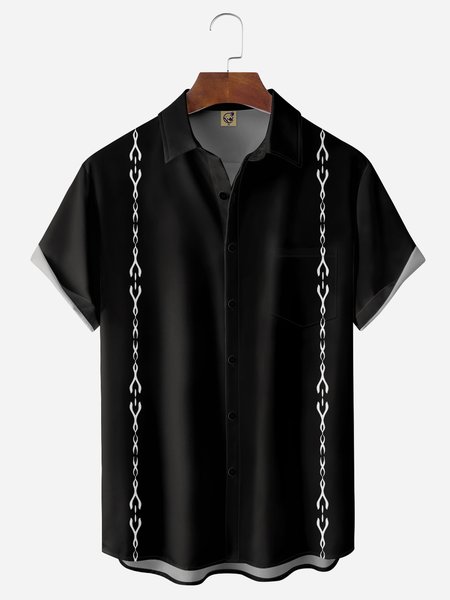 

Striped Chest Pocket Short Sleeve Bowling Shirt, Black, Men Shirts