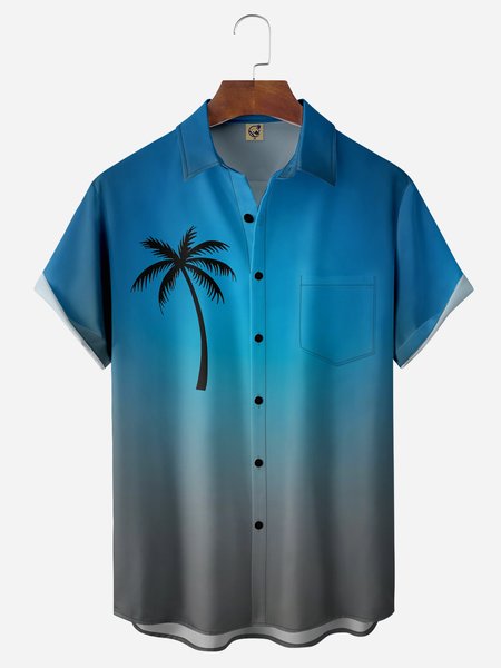 

Gradient Color Coconut Tree Chest Pocket Short Sleeve Hawaiian Shirt, Blue, Men Shirts