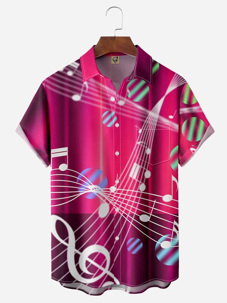 

Music Notes Chest Pocket Short Sleeve Casual Shirt, Rose red, Men Shirts