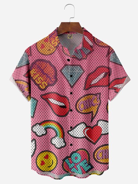 

Red Lips Chest Pocket Short Sleeve Hawaiian Shirt, Men Shirts