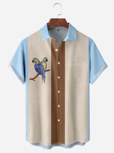 

Parrots Chest Pocket Short Sleeve Bowling Shirt, Blue, Men Shirts
