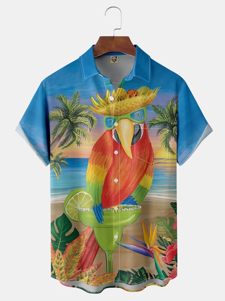 

Parrot Coconut Tree Chest Pocket Short Sleeve Hawaiian Shirt, Blue, Men Shirts