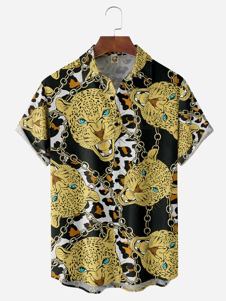 

Lepopard Print Chest Pocket Short Sleeve Casual Shirt, Black, Men Shirts
