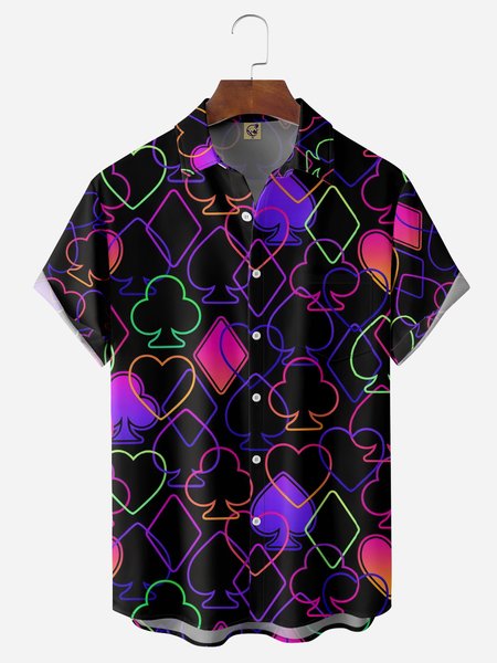 

Fluorescent Poker Cards Chest Pocket Short Sleeve Casual Shirt, Black, Men Shirts