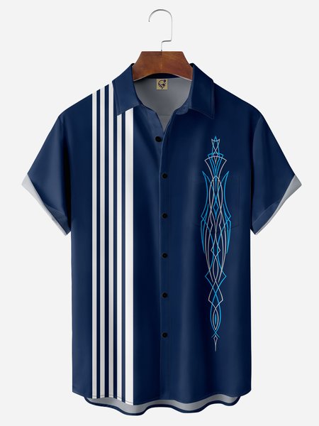 

Geometric Stripe Chest Pocket Short Sleeve Bowling Shirt, Deep blue, Men Shirts