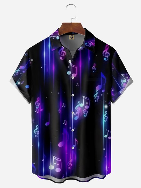 

3D Music Chest Pocket Short Sleeve Casual Shirt, Black, Men Shirts