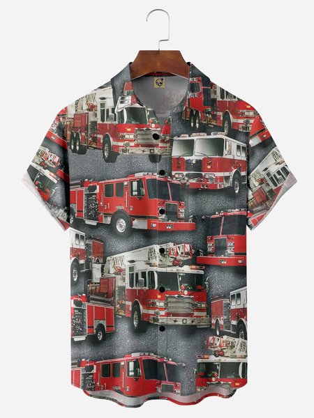 

Fire Truck Chest Pocket Short Sleeve Casual Shirt, Gray, Men Shirts