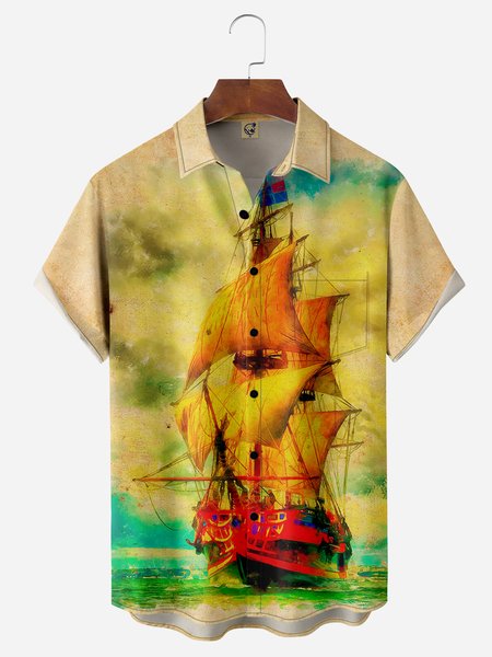 

Sailboat Chest Pocket Short Sleeve Hawaiian Shirt, Yellow, Men Shirts