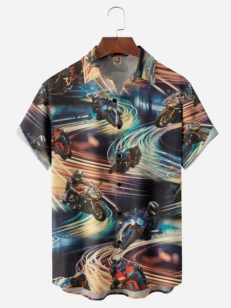 

Motorcycle Chest Pocket Short Sleeve Casual Shirt, Black-brown, Men Shirts