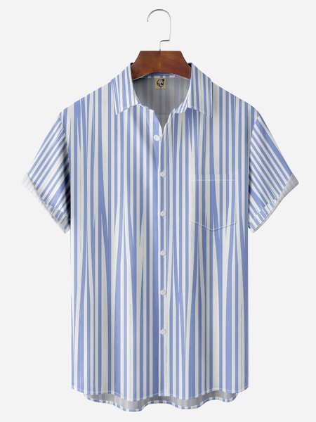 

Geometric Stripe Chest Pocket Short Sleeves Casual Shirt, Blue, Men Shirts
