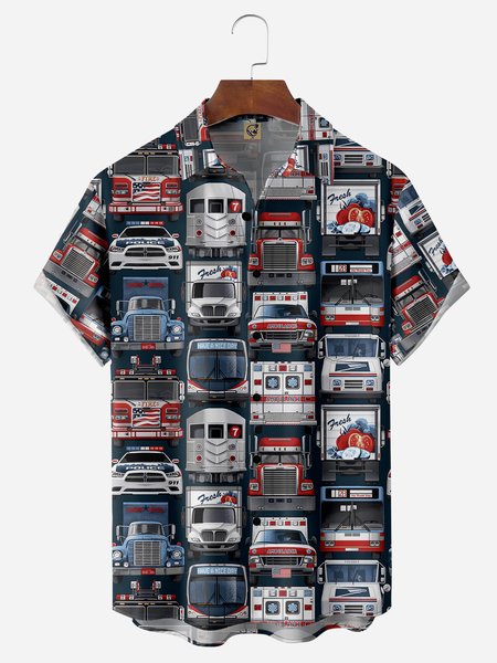 

Vintage Car Chest Pocket Short Sleeve Casual Shirt, Black, Men Shirts
