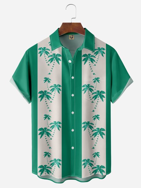 

Coconut Tree Chest Pocket Short Sleeve Bowling Shirt, Green, Men Shirts