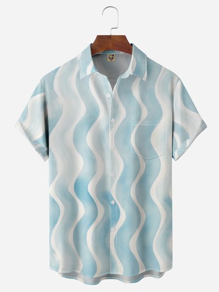 

Geometric Ripple Chest Pocket Short Sleeves Casual Shirt, Blue, Men Shirts