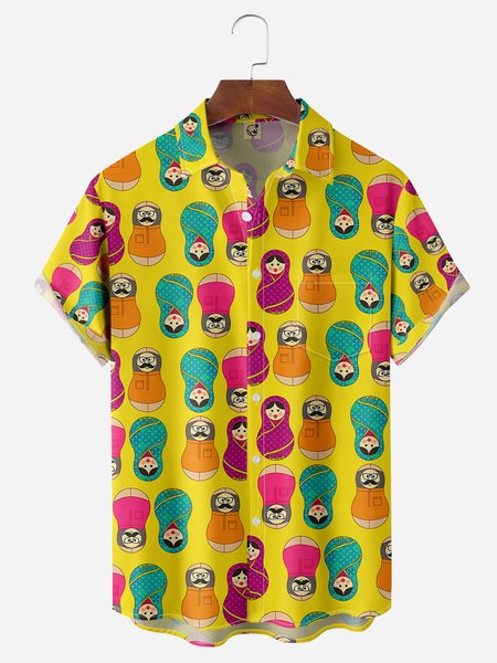 

Matryoshka Doll Chest Pocket Short Sleeve Casual Shirt, Yellow, Men Shirts