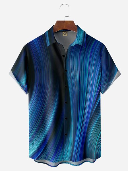 

Gradient Lines Chest Pocket Short Sleeve Casual Shirt, Blue, Men Shirts