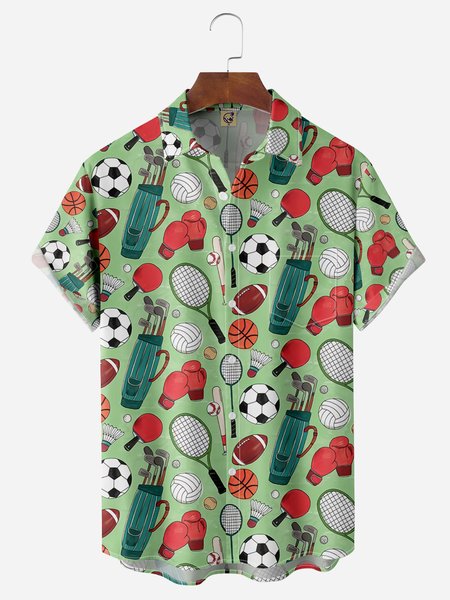 

Sports Equipment Chest Pocket Short Sleeve Casual Shirt, Green, Men Shirts