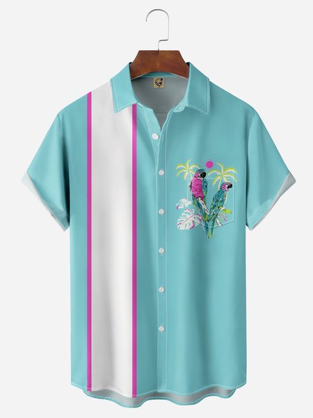 

Parrots Chest Pocket Short Sleeve Bowling Shirt, Green, Men Shirts