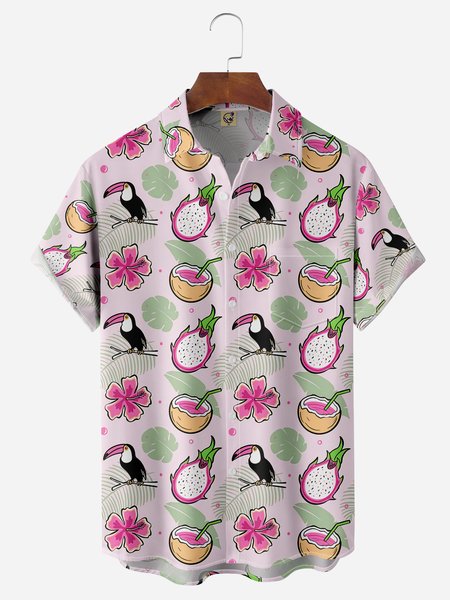 

Tropical Parrots Chest Pocket Short Sleeve Hawaiian Shirt, Pink, Men Shirts