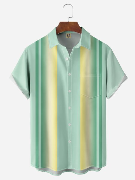 

Gradient Color Block Chest Pocket Short Sleeve Bowling Shirt, Green, Men Shirts