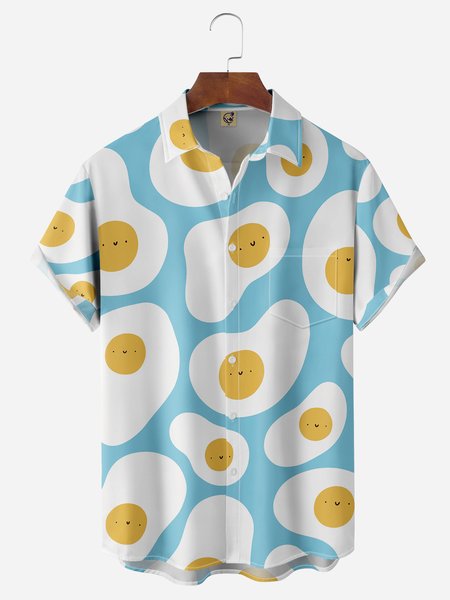 

Eggs Chest Pocket Short Sleeve Casual Shirt, Blue, Men Shirts