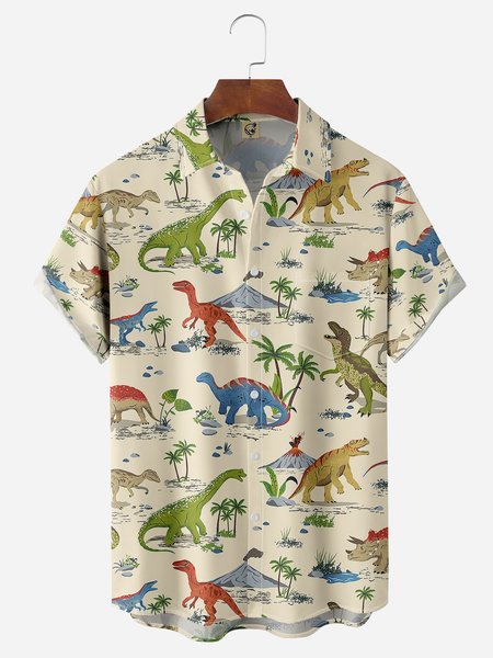 

Dinosaur Chest Pocket Short Sleeve Hawaiian Shirt, Apricot, Men Shirts