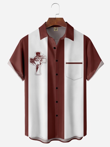 

Cross Chest Pocket Short Sleeve Bowling Shirt, Red, Men Shirts