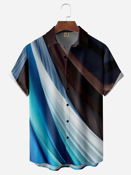 

Gradient Line Chest Pocket Short Sleeve Casual Shirt, Blue, Men Shirts