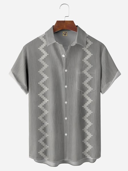 

Geometric Ripple Chest Pocket Short Sleeve Bowling Shirt, Gray, Men Shirts