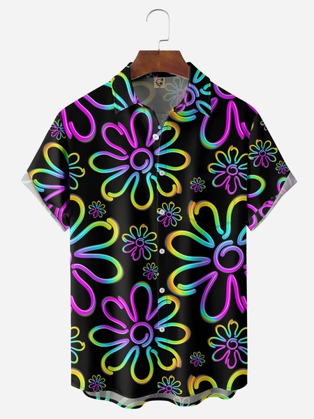 

3D Line Flower Chest Pocket Short Sleeve Hawaiian Shirt, Black, Men Shirts