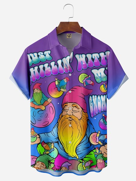 

Hippie Chest Pocket Short Sleeve Casual Shirt, Blue purple, Men Shirts
