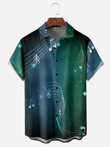 

3D Music Chest Pocket Short Sleeve Casual Shirt, Cyan, Men Shirts