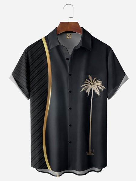 

Coconut Tree Chest Pocket Short Sleeve Bowling Shirt, Black, Men Shirts