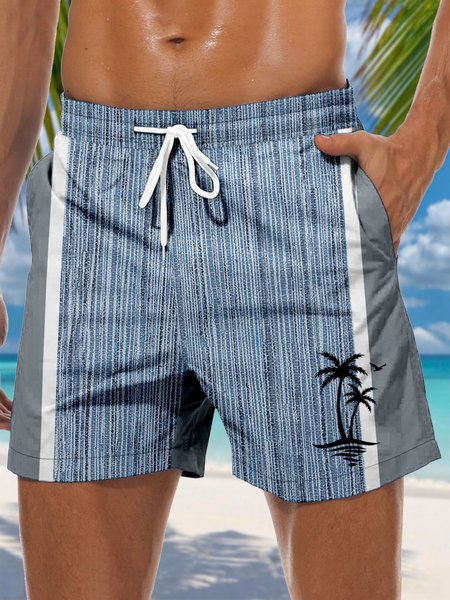 

Coconut Tree Drawstring Beach Shorts, Blue, Men's shorts