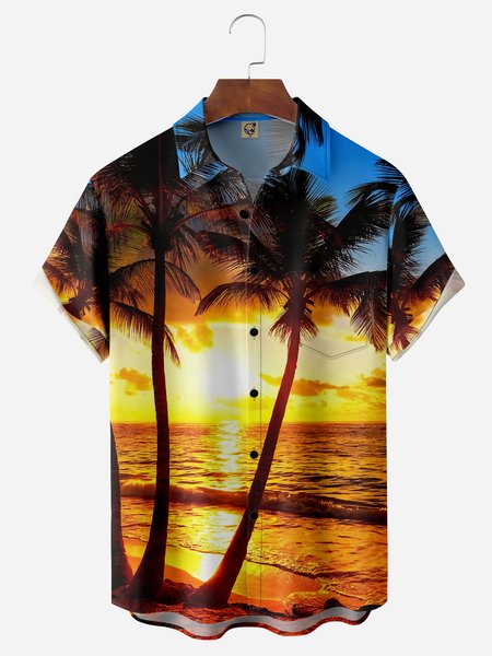 

Palm Tree Chest Pocket Short Sleeve Hawaiian Shirt, Yellow, Men Shirts