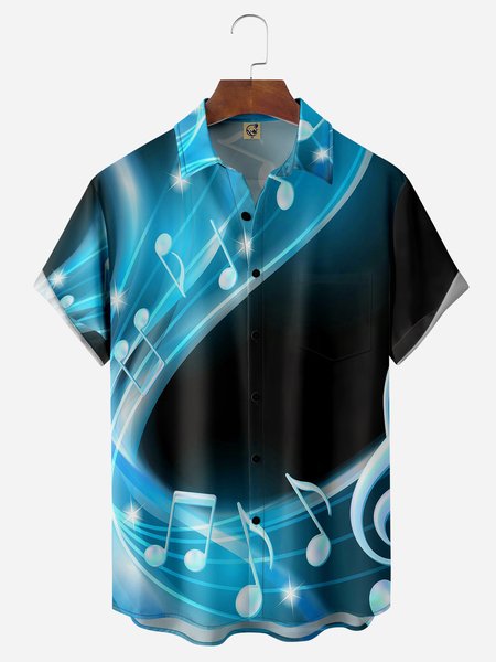

3D Music Chest Pocket Short Sleeve Casual Shirt, Blue, Men Shirts