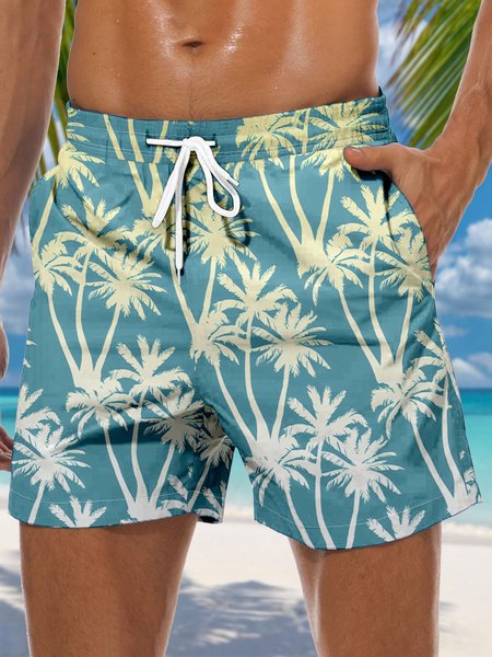 

Coconut Tree Drawstring Beach Shorts, Blue, Men's shorts