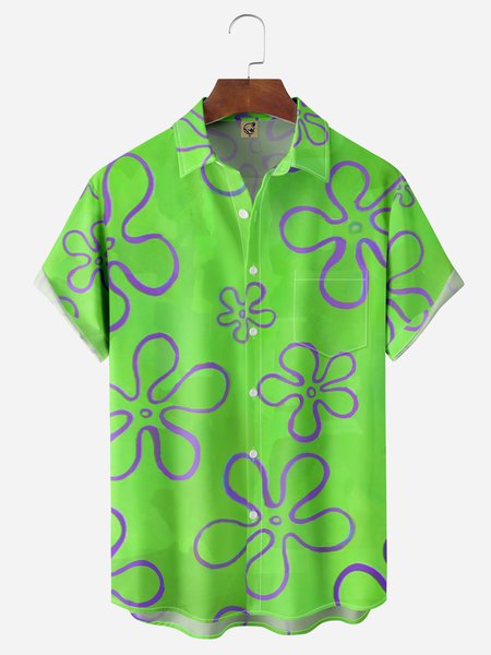 

Line Flower Chest Pocket Short Sleeve Hawaiian Shirt, Green, Men Shirts