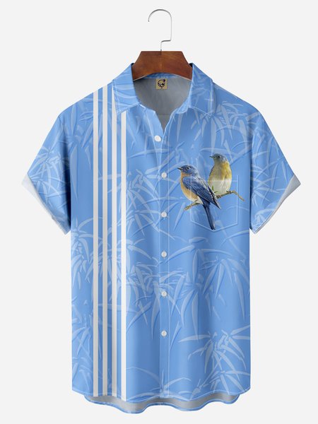 

Bamboo Leaf Parrot Chest Pocket Short Sleeve Bowling Shirt, Blue, Men Shirts