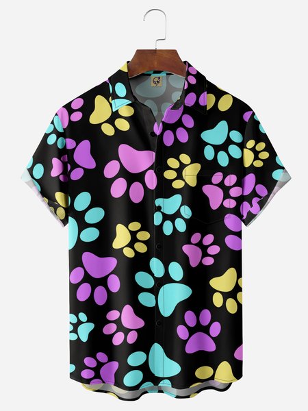 

Dog Art Footprints Chest Pocket Short Sleeve Casual Shirt, Black, Men Shirts