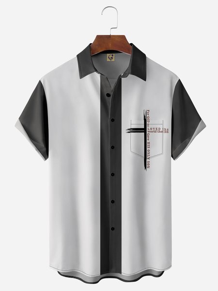 

Cross Chest Pocket Short Sleeve Bowling Shirt, Black, Men Shirts